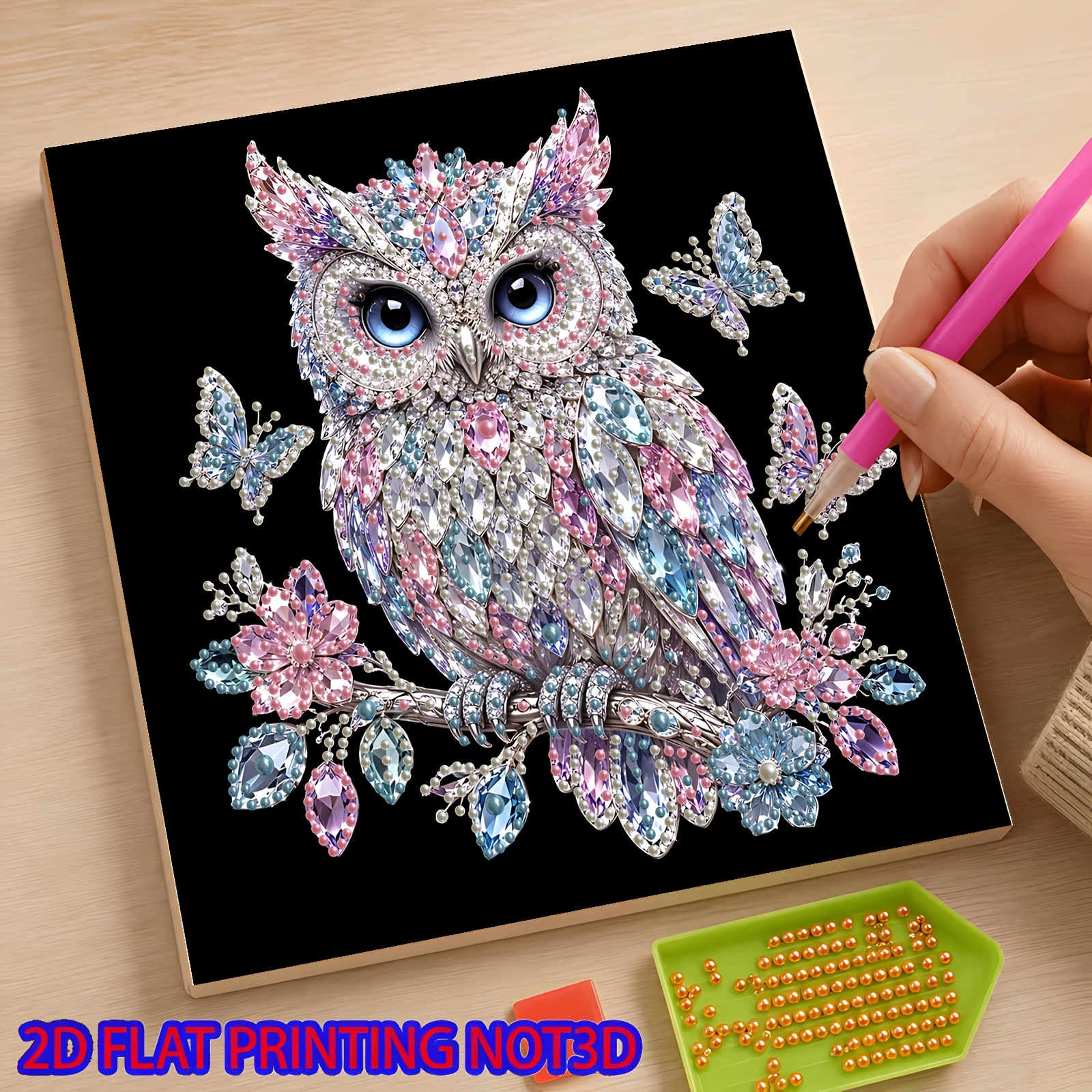 TEMU 2d Flat 1pc Crystal Feather Owl Christmas Series Pearl Art Painting Set, Including Round Pearls, Sparkling Gems, Transparent Symbols, Complete