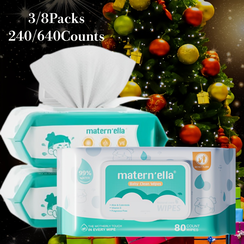TEMU Matern'ella Wipes 3/ 8-pack/ 240/ 640 Wipes, 99% Water, Calendula & Aloe, Pearl Texture, Lid Stays
