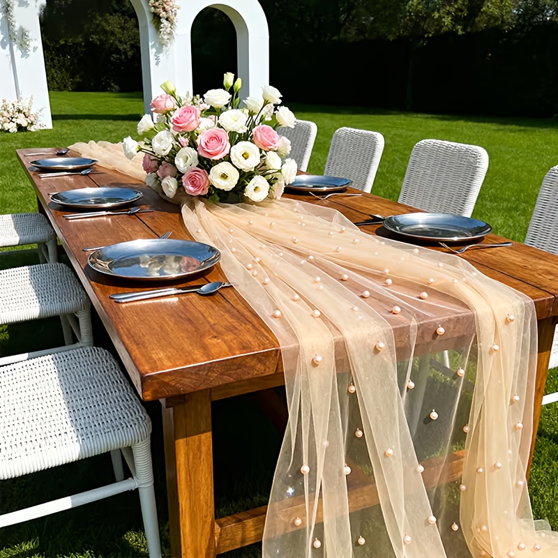 TEMU 1 Pack Large Sheer Pearl Sheeting Fabric Tablecloth - Luxury Drapery Suitable For Wedding, Valentine's Day, Party Decor - Elegant Sheer Table