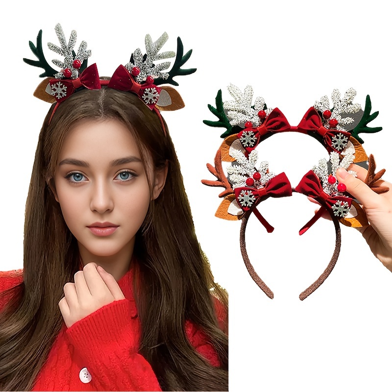 

1pc Christmas Reindeer Headband For Women - Cute Plastic Hair Accessory With Bow And Detail For