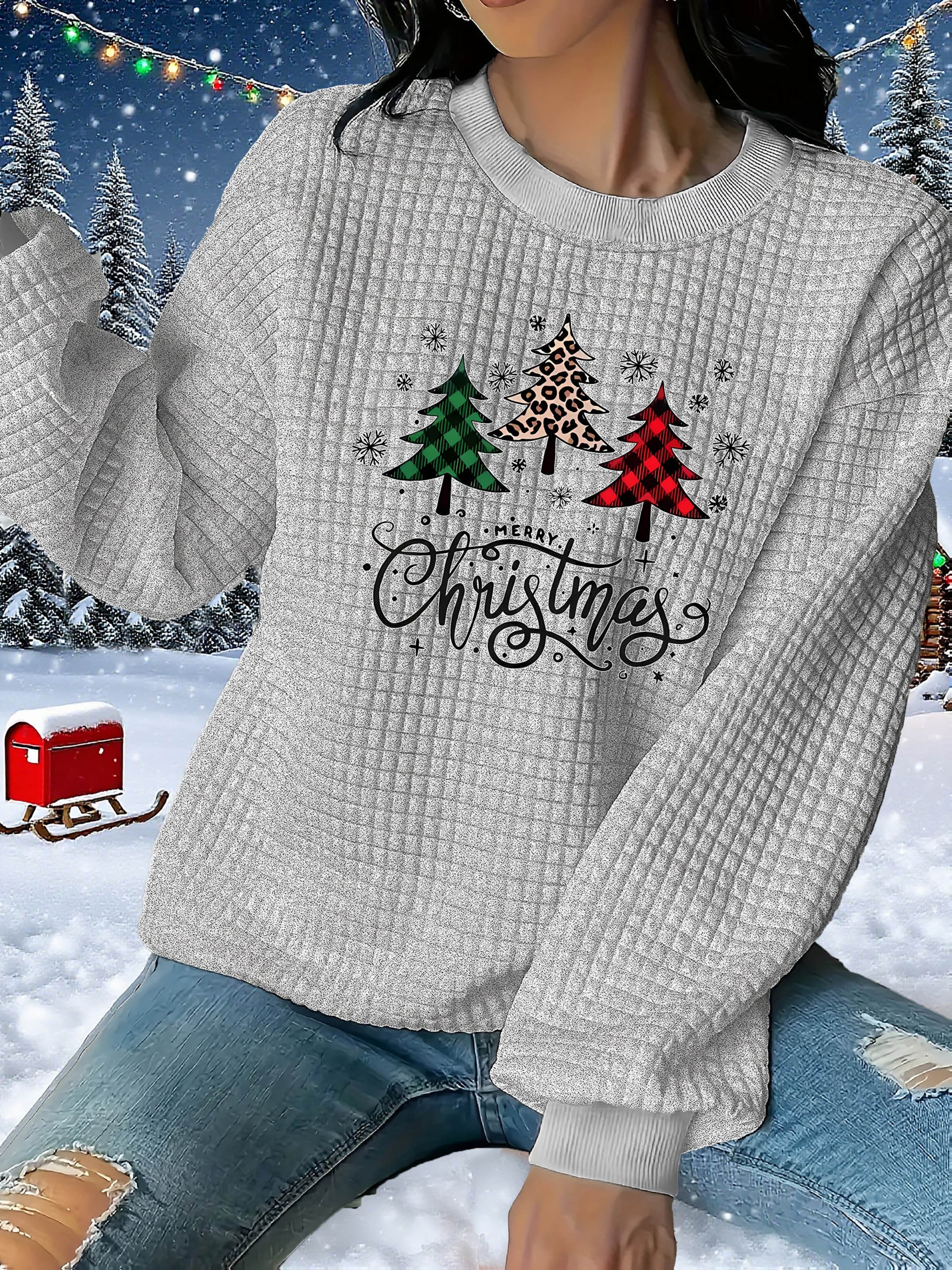 item picture christmas tree print sweatshirt crew neck casual sweatshirt for winter and fall womens clothing