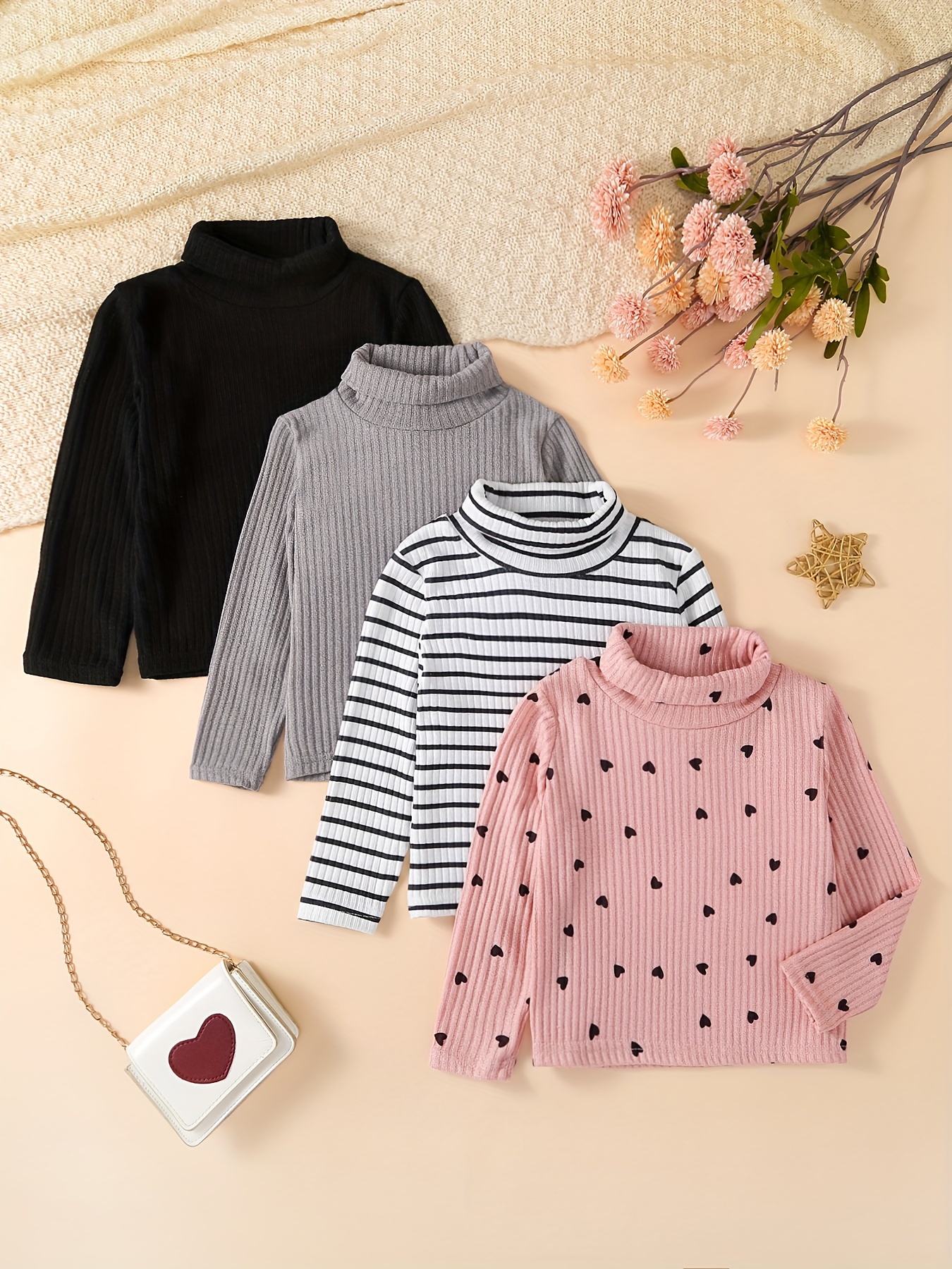 4pcs Girls' High-Neck Stylish Pullover Sweater Set, Autumn/Spring