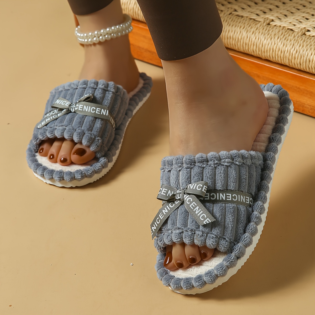 Image of New Women's Seasonal Open-toe Slippers, Made Of Soft Corduroy Fabric With A Bow, Featuring A Quiet Eva Sole, Perfect For Couples To Wear At Home On The Bedroom Floor., Women Shoes