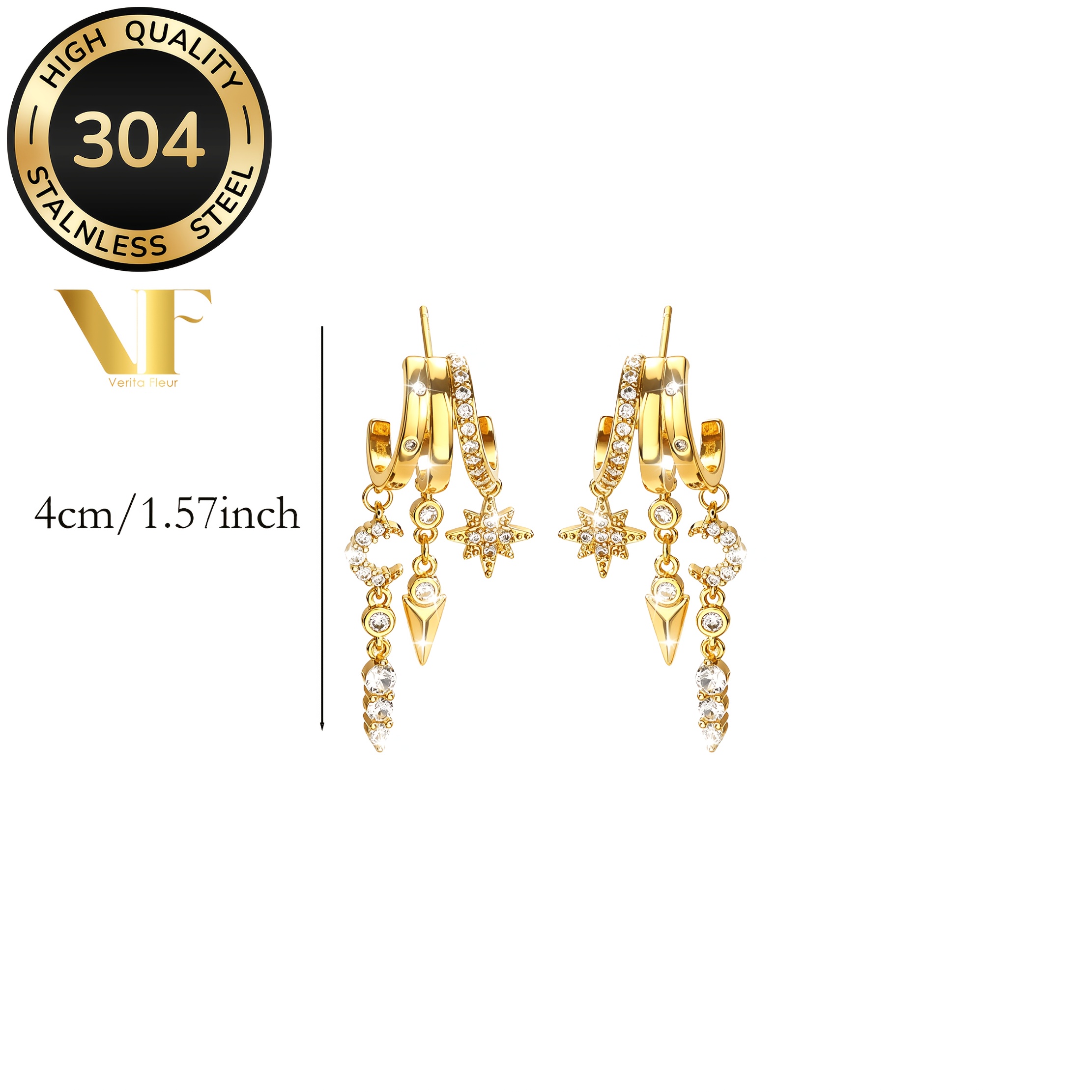 Women's Moon Star Tassel Pendant Stud Earrings, Bohemian Style