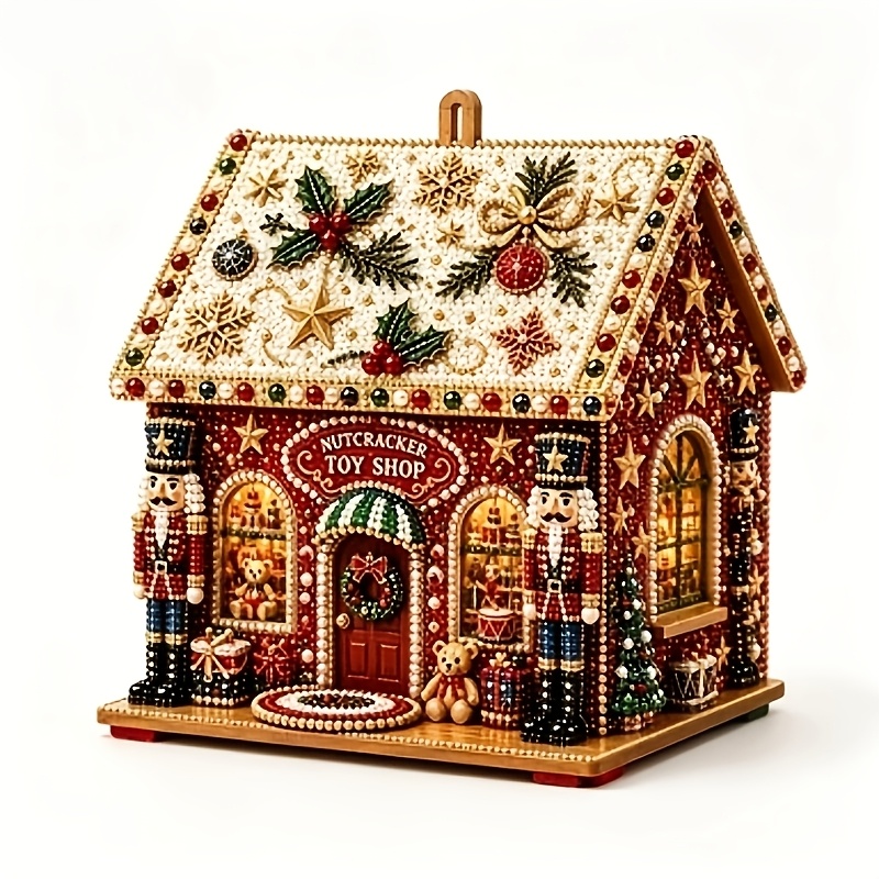TEMU Adult 3d Wooden House With Christmas Tree Diamond Painting With Pearls- Four-sided Hanging Display, Suitable For Home Decoration, Diy Craft Kit,