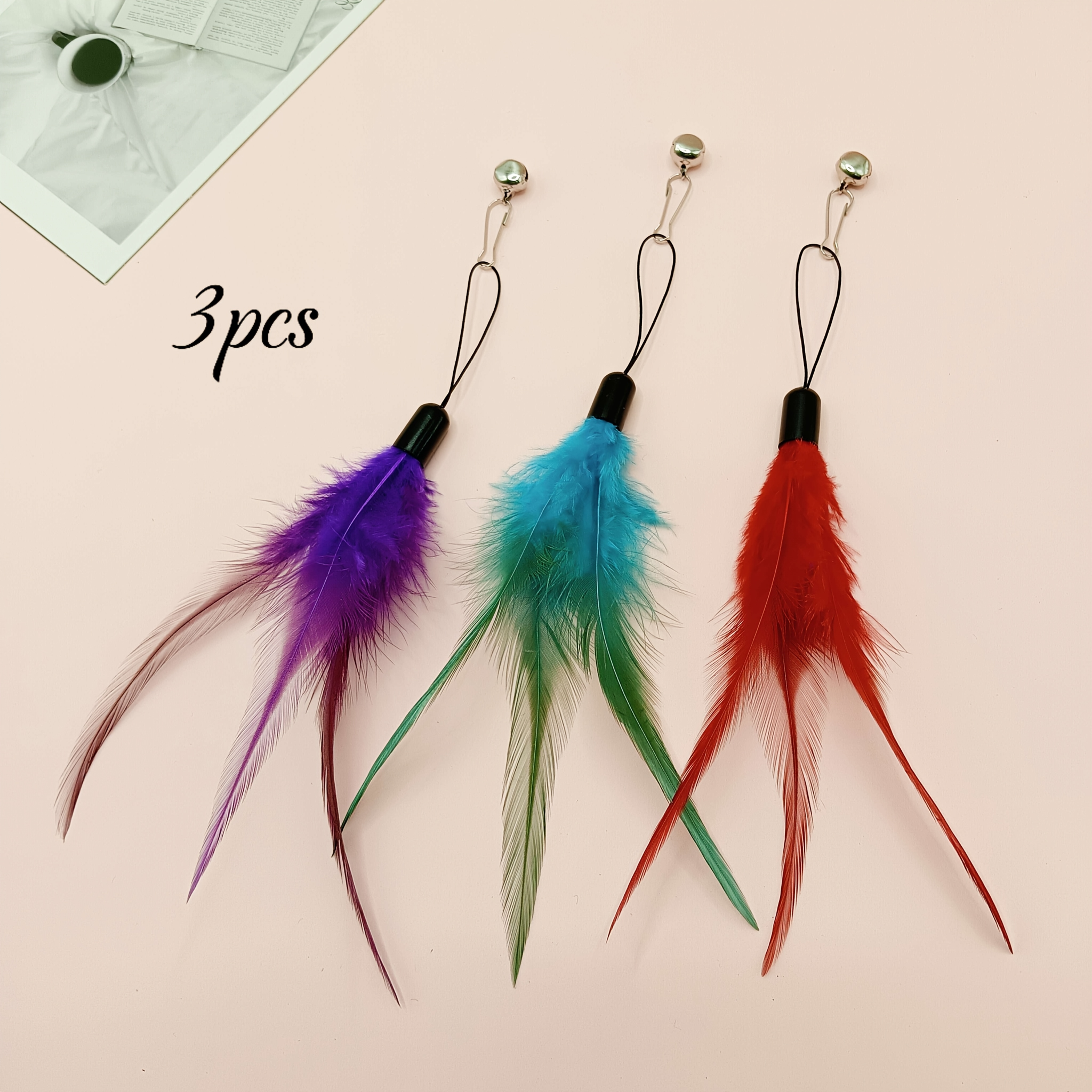 3 Sets Of Interchangeable Cat Feather Toys With Bells, Realistic Fur Feathers, Artificial Fiber Materials, Fun Stick Accessories, Indoor Cat Interaction Toys