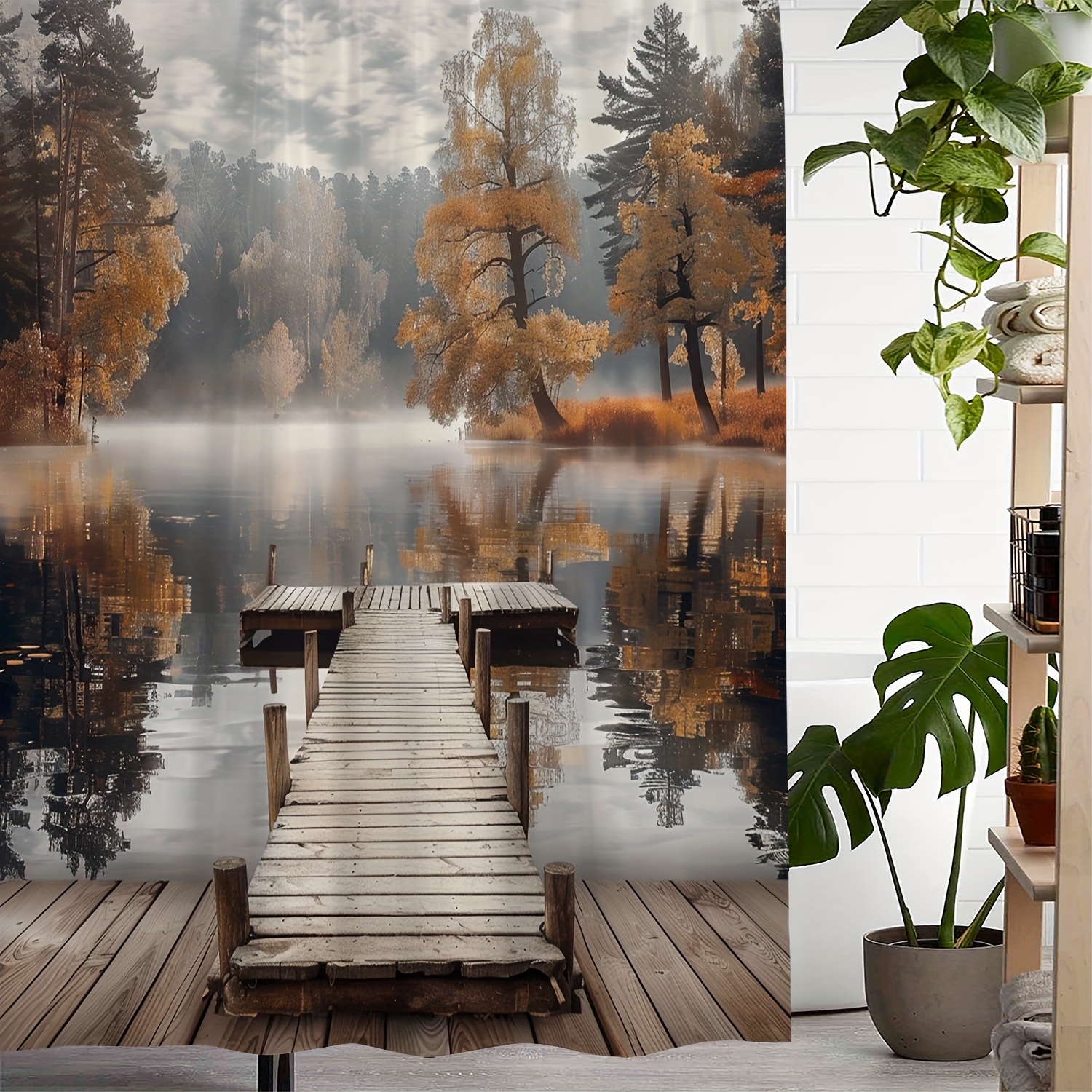 

Vintage Autumn Lake Wooden Bridge Forest Print Waterproof Shower Curtain With 12 Hooks - Artistic, Machine Washable, Durable Polyester, Saddle Weave