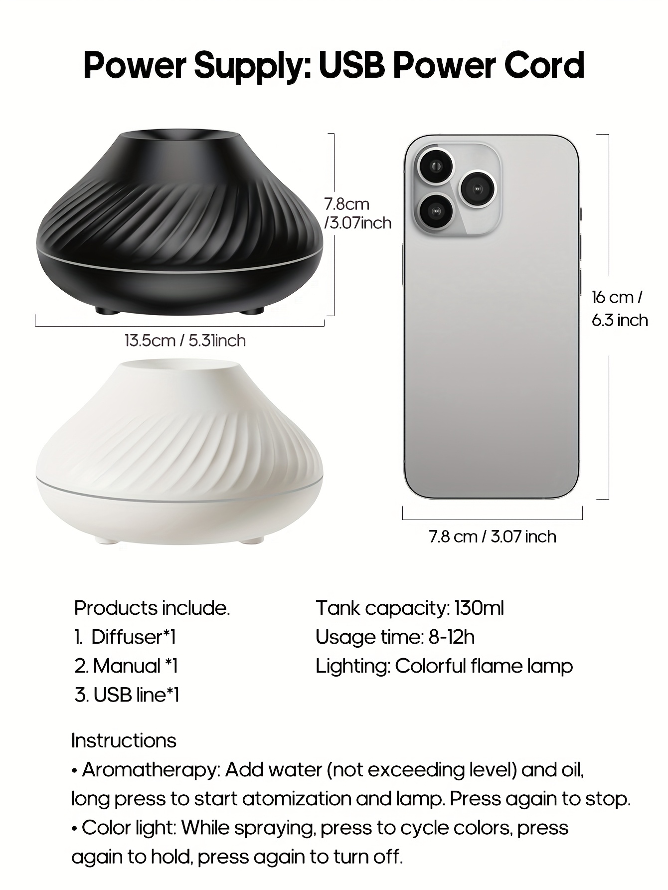 Difuzor de Arome Vulcan 130ml - Efect Flacără Dynamică 3D și 7 Culori, Funcționare 12H, Tehnologie Undă Sonoră Silențioasă, Oprire Automată, Decor de Birou, Cadou Unic pentru Acasă/Birou