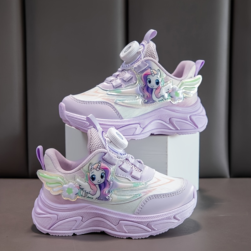 girls cartoon sneakers with rotating button cushioned non slip thick sole casual running shoes for teens breathable fabric wear girls shoes details 2