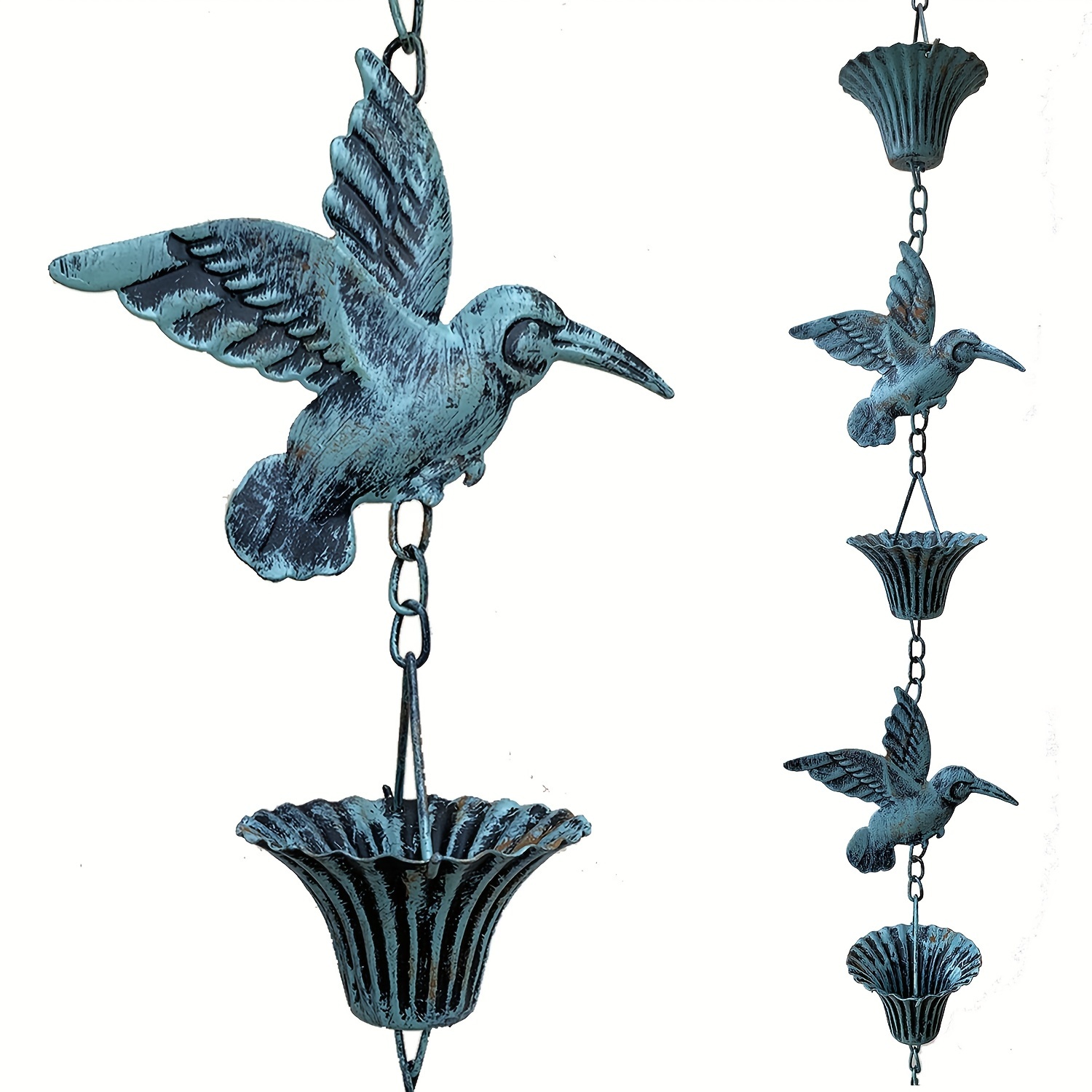 

Rain Chain 8.5ft, Hummingbird And Cup Rain Chains For Gutters, Metal Rainwater Chain, Functional Replacement For Downspout, Outdoor Garden Decor, Antique Blue