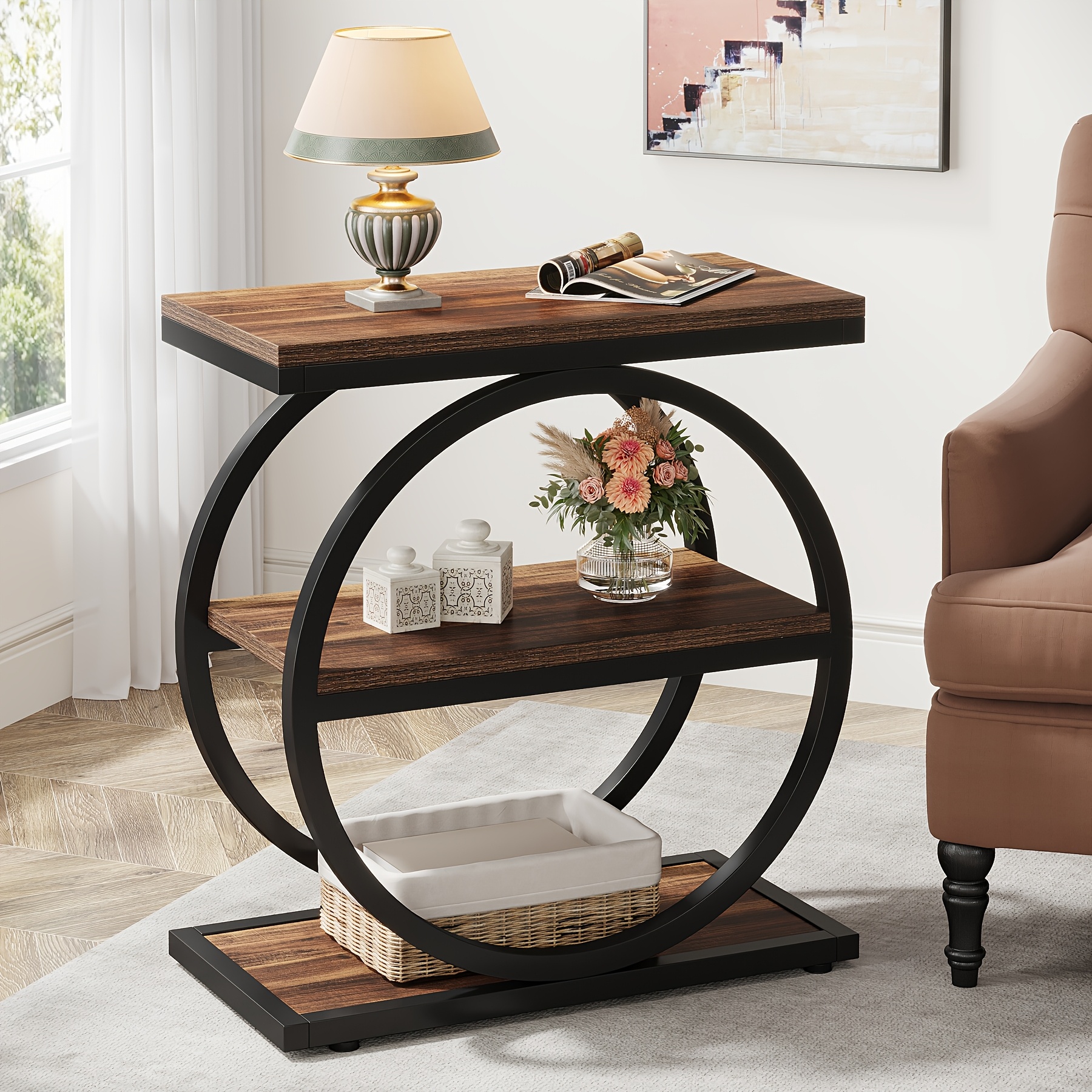 modern industrial 3 tier narrow sofa side   saving   design with 3 storage shelves oak black   sturdy e1 mdf metal frame easy assembly for living room bedroom entryway