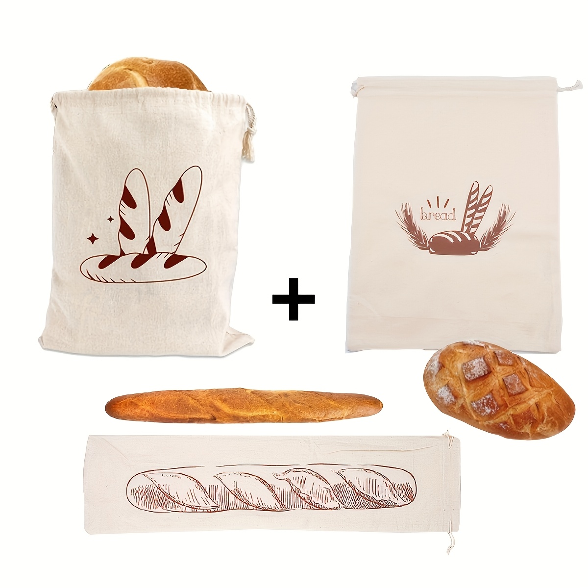 E-shop 3er-Set, große wiederverwendbare Brottasche mit Kordelzug, 2 Brotbeutel + 1 Baguette-Beutel, rechteckiger Brotbeutel, Aufbewahrungsbeutel für