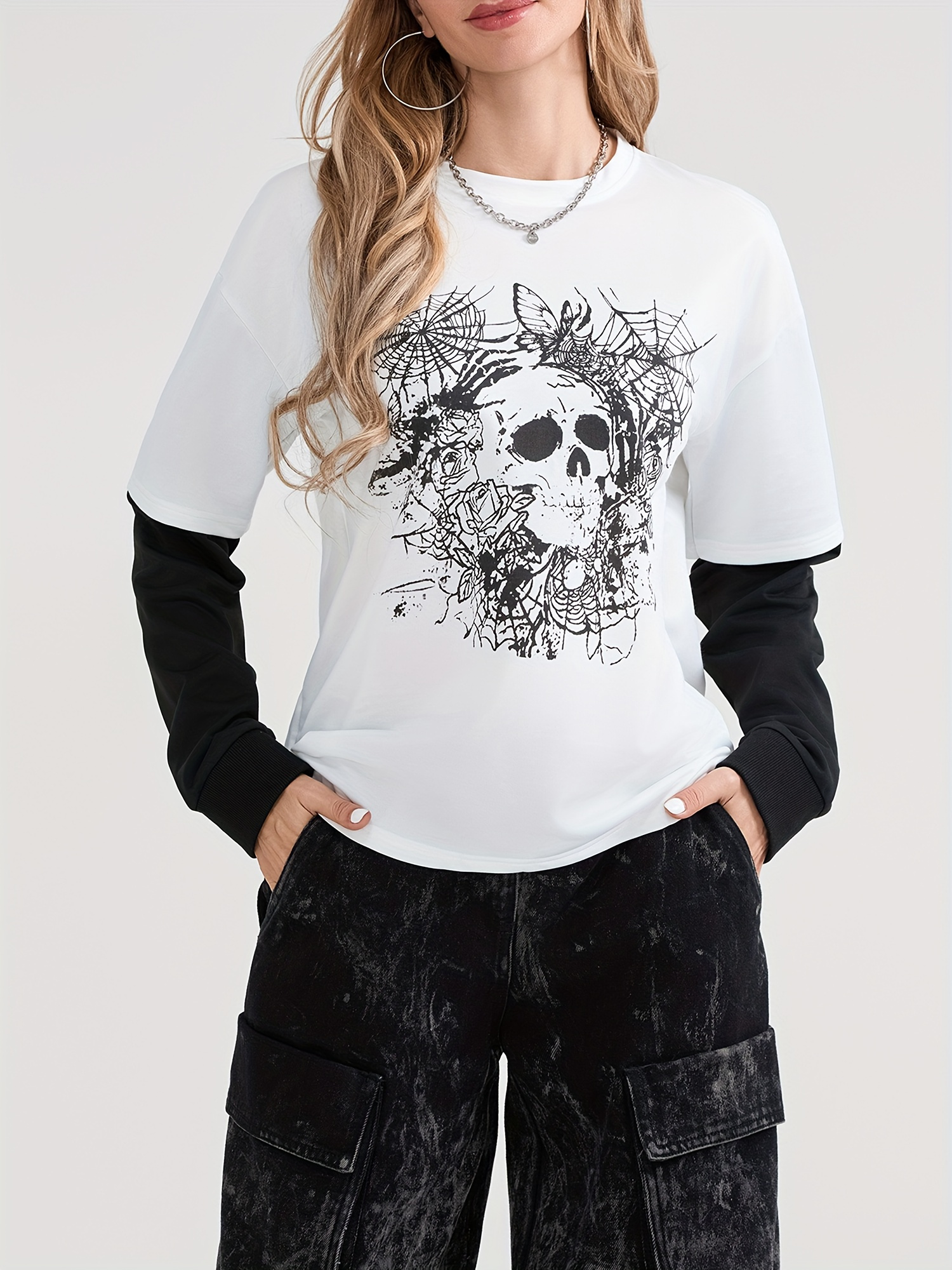 women's gothic skull print long sleeve t shirt y2k style - Temu