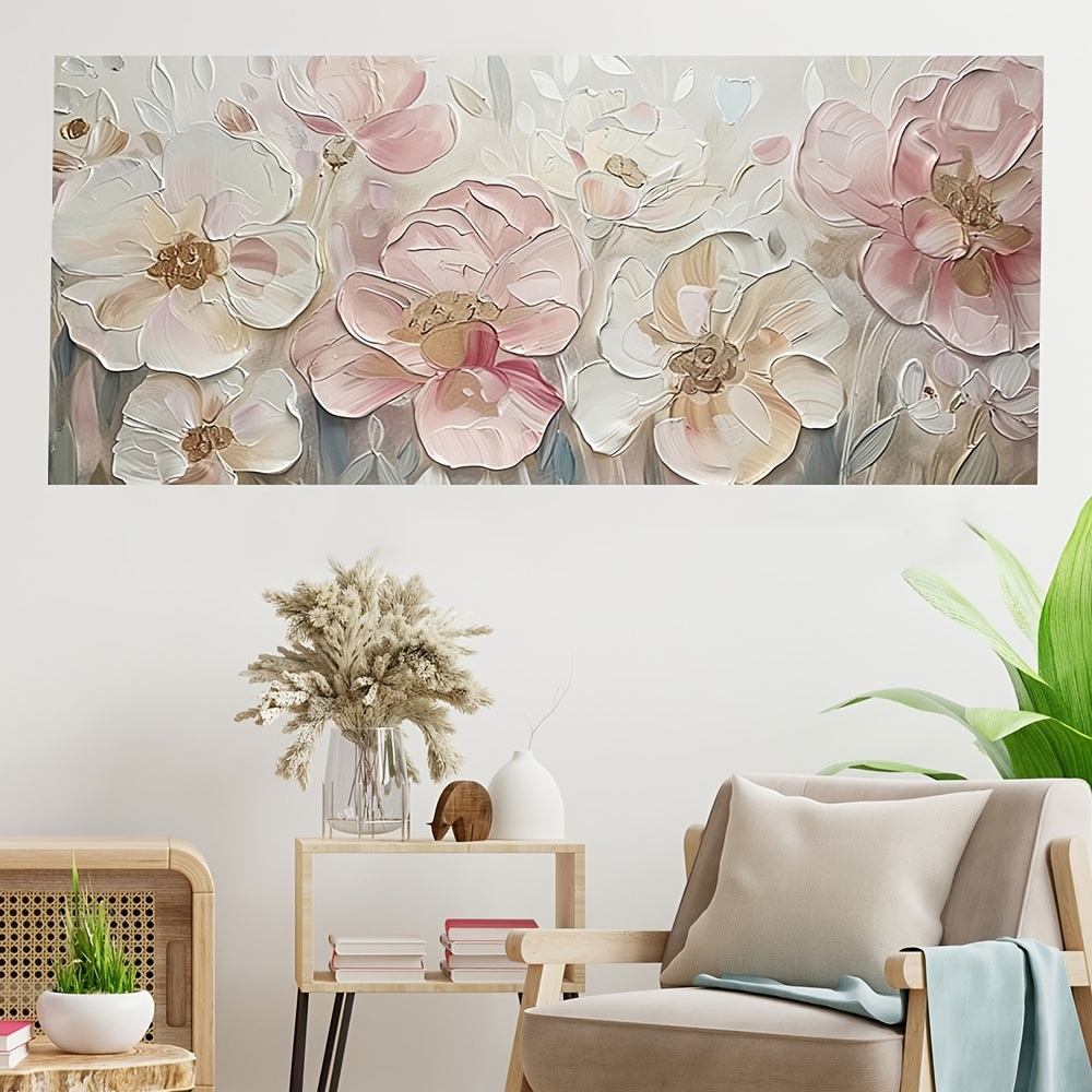 

1pc Modern Abstract Pink Floral Canvas Wall Art, 23.62x47.24 Inches, Mixed Color Crayon Flower Painting For Bedroom, Living Room, Decor, No Electricity Needed