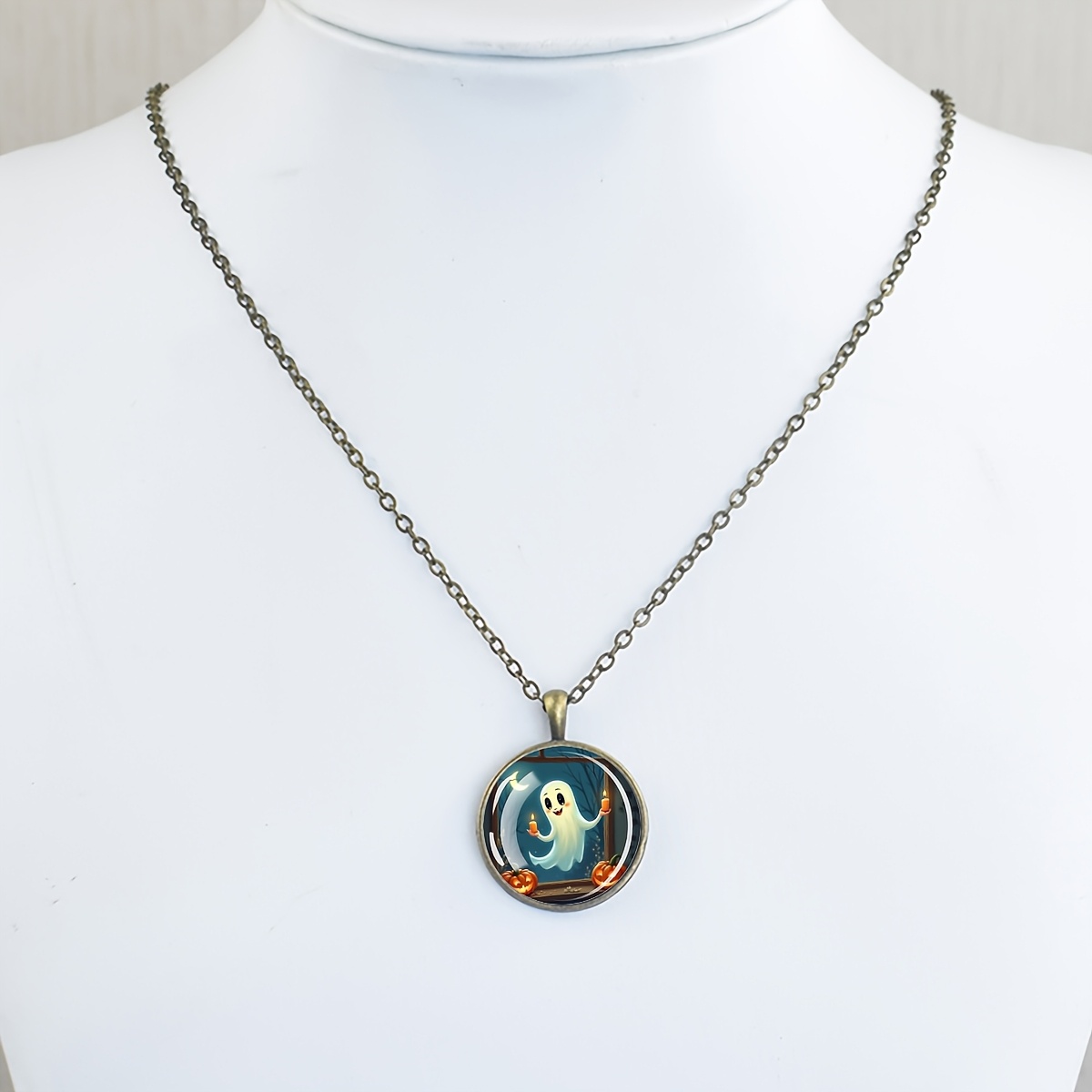 Halloween Ghost Pumpkin Window Scene Necklace, Vintage Charm