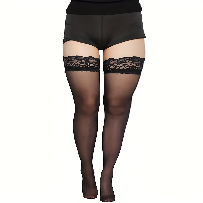 1 Pair Women's Plus Size Sexy Thigh-High Socks - Black Lace Top with See-Through Mesh, Breathable & Comfortable Over-the-Knee Stockings for Fashion & Special Occasions, Lace Socks