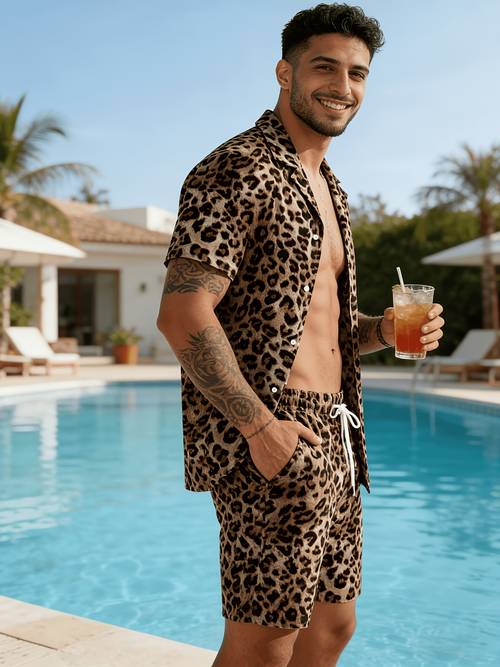 heren luipaardprint 2-delige set lichtgewicht shirt met korte mouwen en shorts voor zomer strandvakantie casual kleding