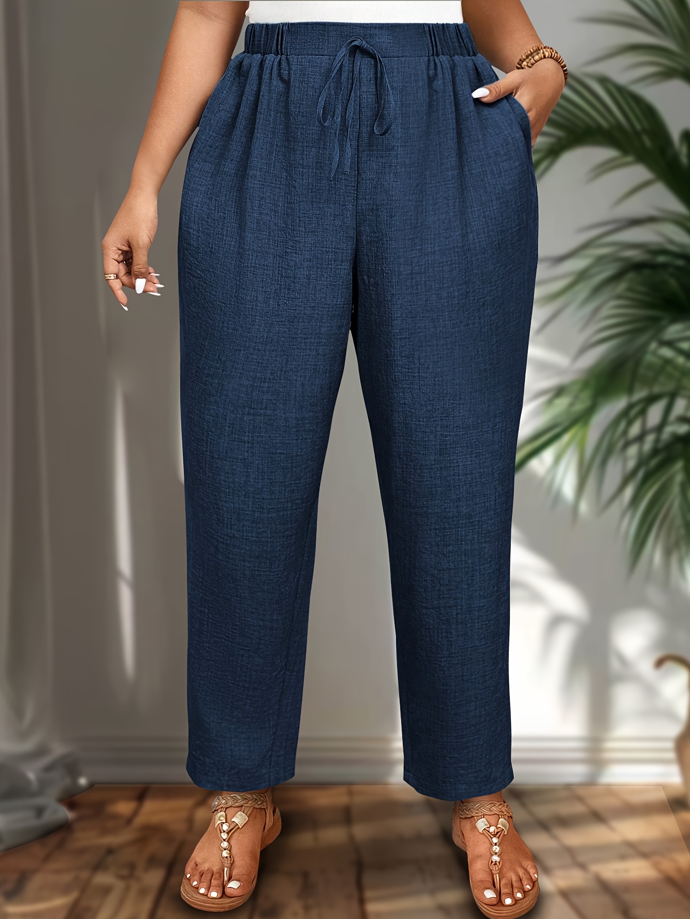 womens plus size navy blue tapered pants elastic waistband Temu