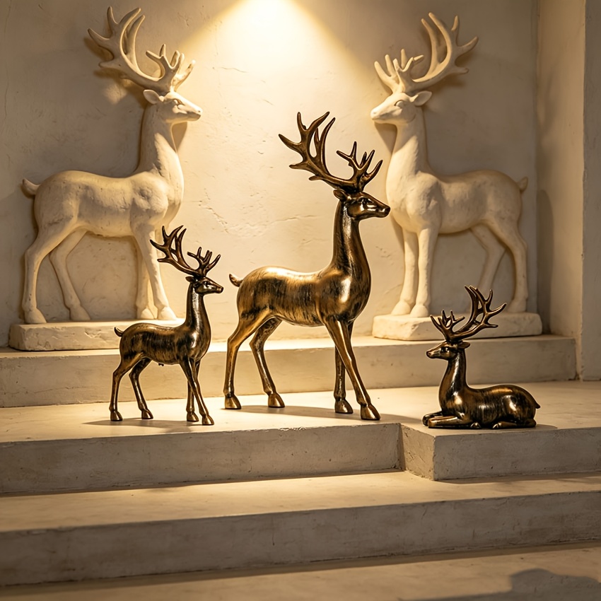 TEMU 3pcs -colored Reindeer Mother And Statue Set, Durable Material, Suitable For Home Christmas Living Room Bedroom Desk Bar Counter Window Display