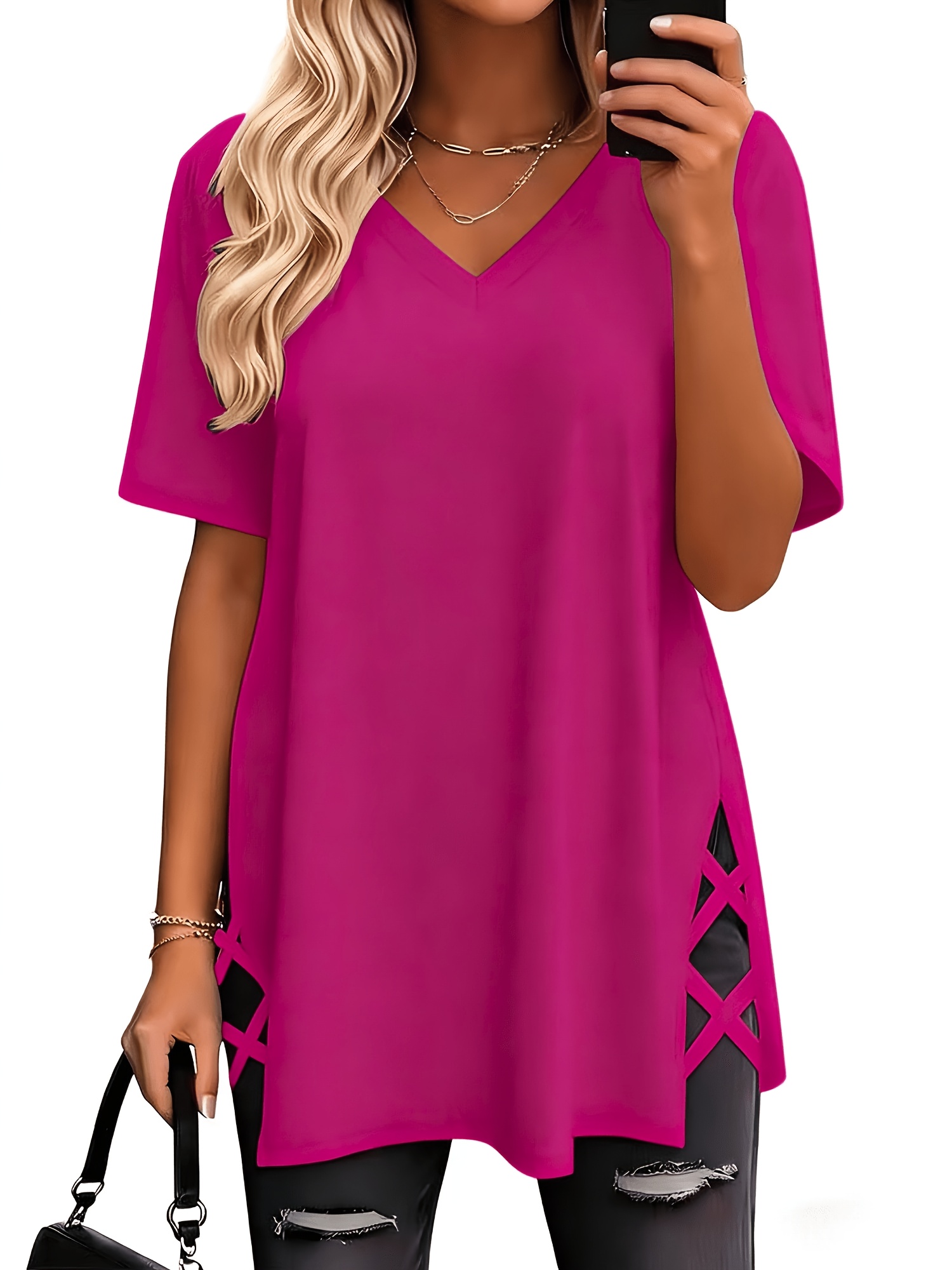 womens summer oversized y top soft and comfortable v neck casual top basic fashionable side slit loose short sleeve t shirt