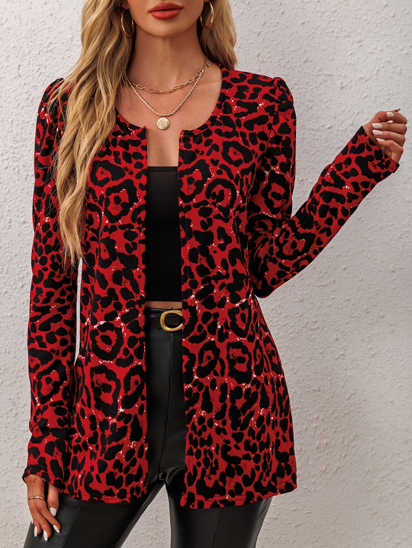Women's Leopard Print Lightweight Jacket - Elegant Loose Fit Mid-Length Open Front Coat with Long Sleeves, Machine Washable Spring Summer Fall Casual Outerwear, Leopard Print Jacket, Seasonal Fashion, Buckle Belt Accent, No Button Closure