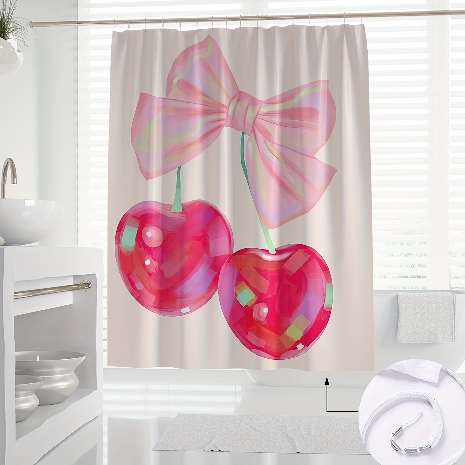 

Pink Bow And Cherry Shower Curtain: 180cm/70.87in X 180cm/70.87in, Artistic Design, Waterproof, Partial Lining, Knit Fabric, Seasonal, Suitable For All Seasons, Includes Hooks