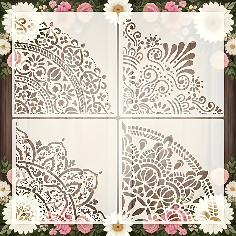 Image of 4 Large Mandala Templates - Reusable Flower Drawing Templates, Suitable For Crafts, Suitable For Walls, Floors, Furniture, Fabrics, Canvas, Wooden Decorations, Made Into Cream White Plastic