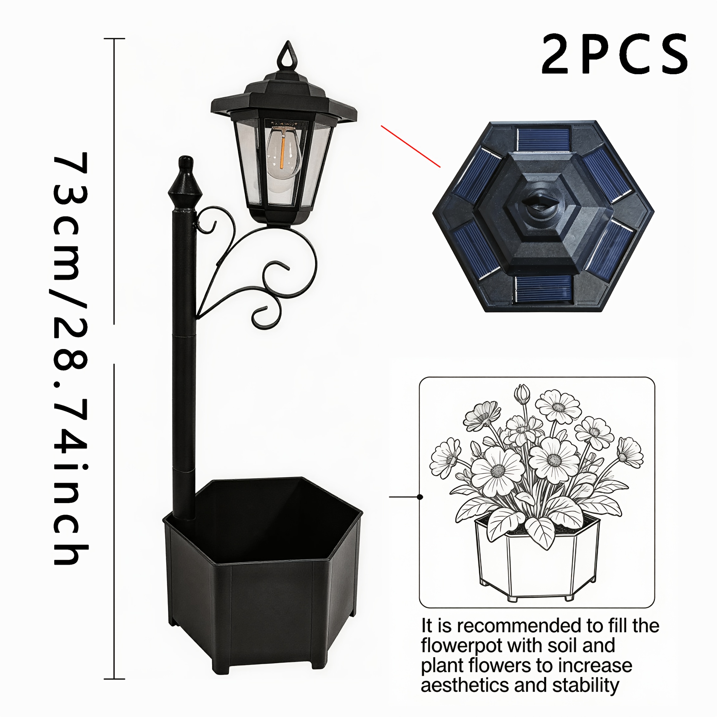 TEMU 2pcs Solar Planter With Light 2-in-1 Outdoor Garden Flower Pot Auto On At Dusk For Pathway Patio Porch Decor 28.74 Inch Height