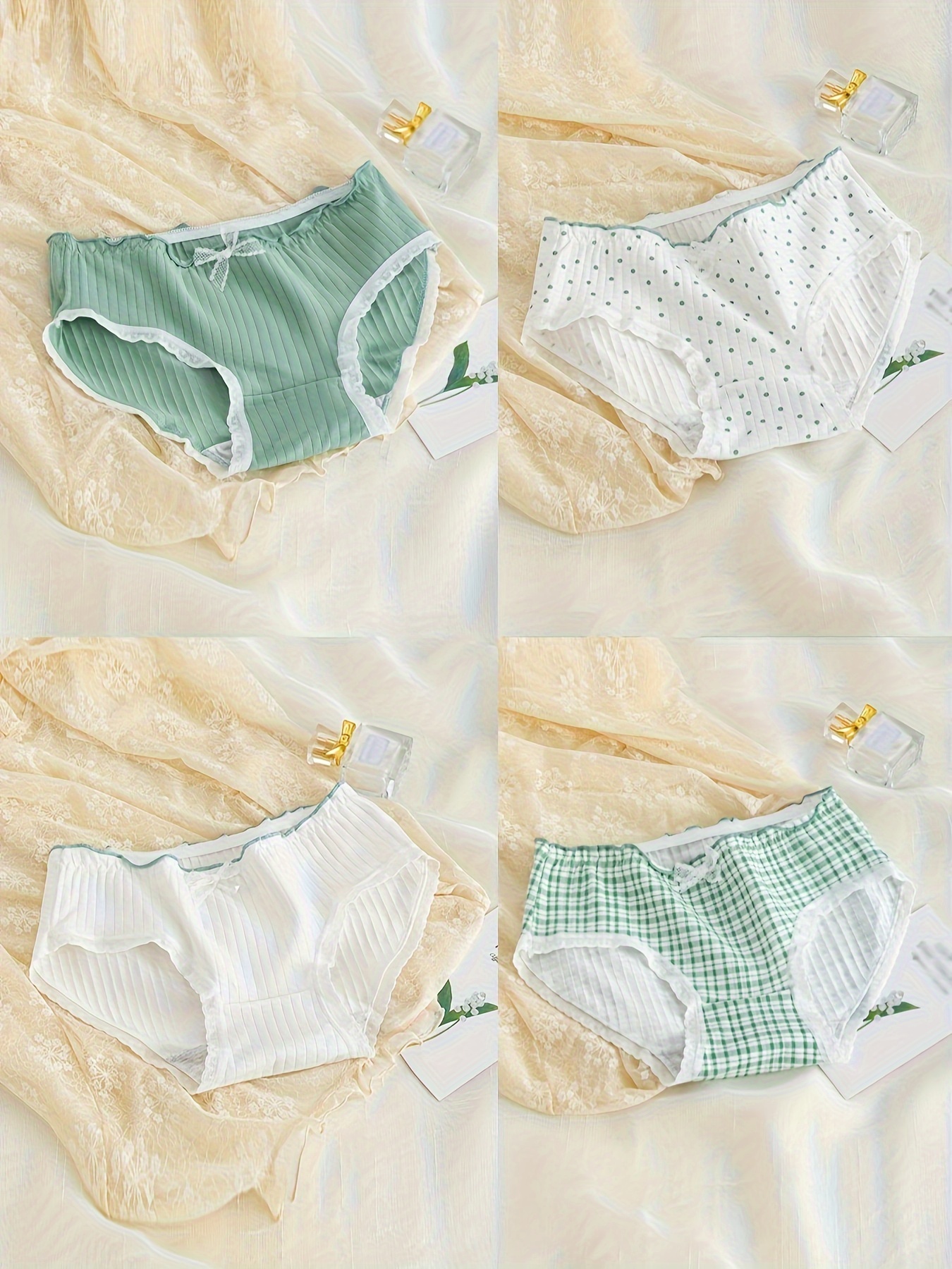 4pcs Bow Decor Ruffle Trim Panties, Cute & Sweet Stretchy Intimates  Panties, Women's Lingerie & Underwear