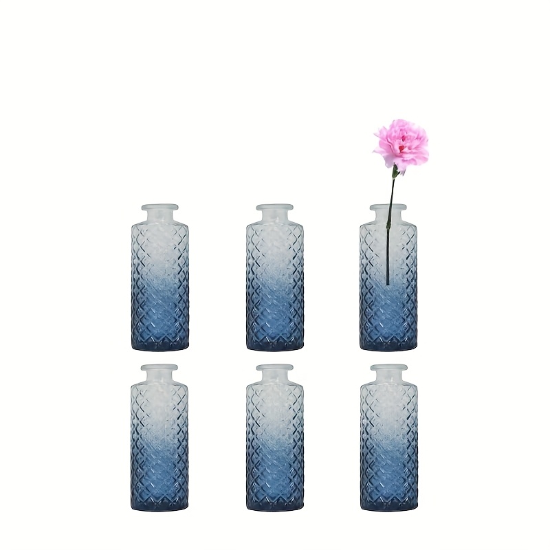 6pcs Blue Glass Vases With Diamond Pattern - Bohemian Style Mini Centerpieces For Weddings, Parties, Home Decor - Cylindrical Tabletop Decorations, No Electricity Needed, Vases For Flowers