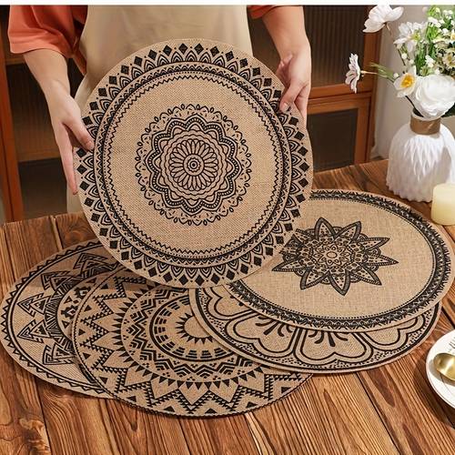 4 6 8 pack round bohemian jute printed woven easy to clean woven placemat black printed 15 inch round placemat suitable for desktop decoration christmas decoration wedding decoration easy to store