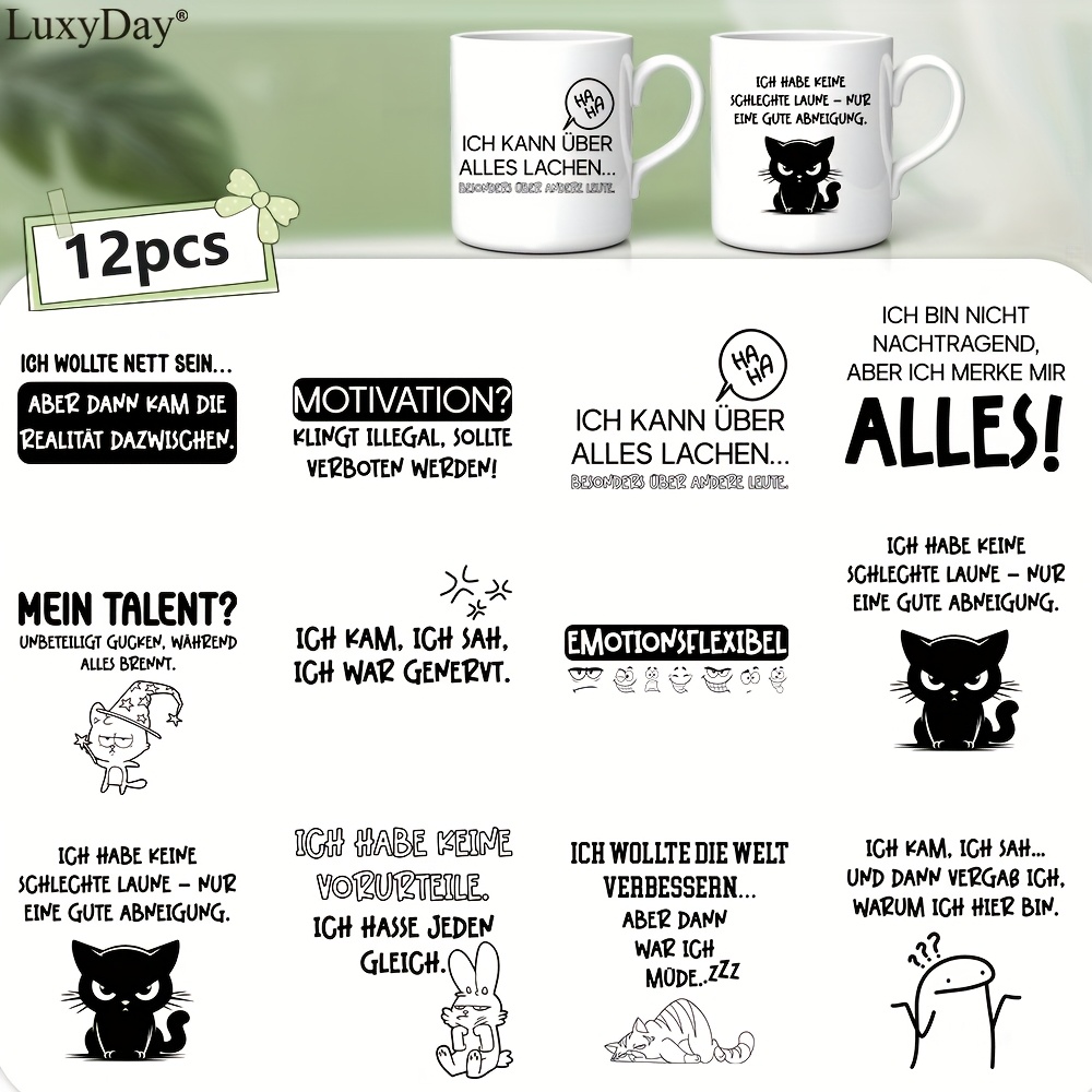 E-shop 12 Stück Deutsche Lustige Sprüche UV DTF Aufkleber für DIY Kaffeetassen - Hochwertige Transferfolien für Scrapbooking & Möbel, Glas, Metall,