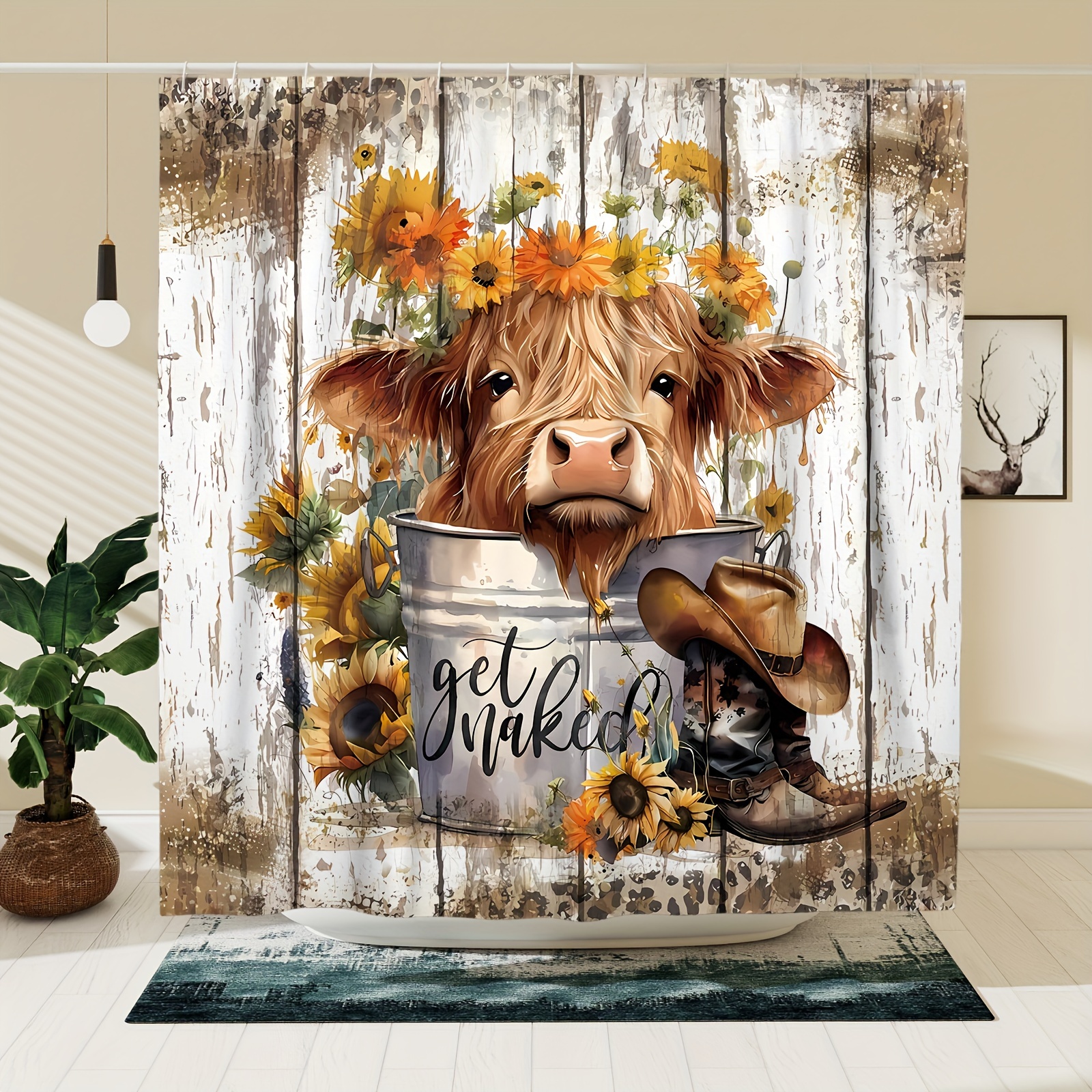 

1pc Highland Cow Sunflower Pattern Shower Curtain, Waterproof Shower Curtain With Hooks, Bathroom Partition, Bathroom Accessories, Home Decor