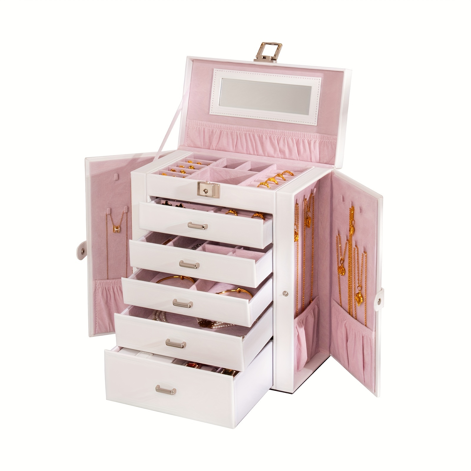 TEMU Feiyan 6 Tier Jewelry Box, Jewelry Case With 5 Drawers, Large Storage Capacity, With Mirror, Lockable, Jewelry Storage Organizer, Gift For