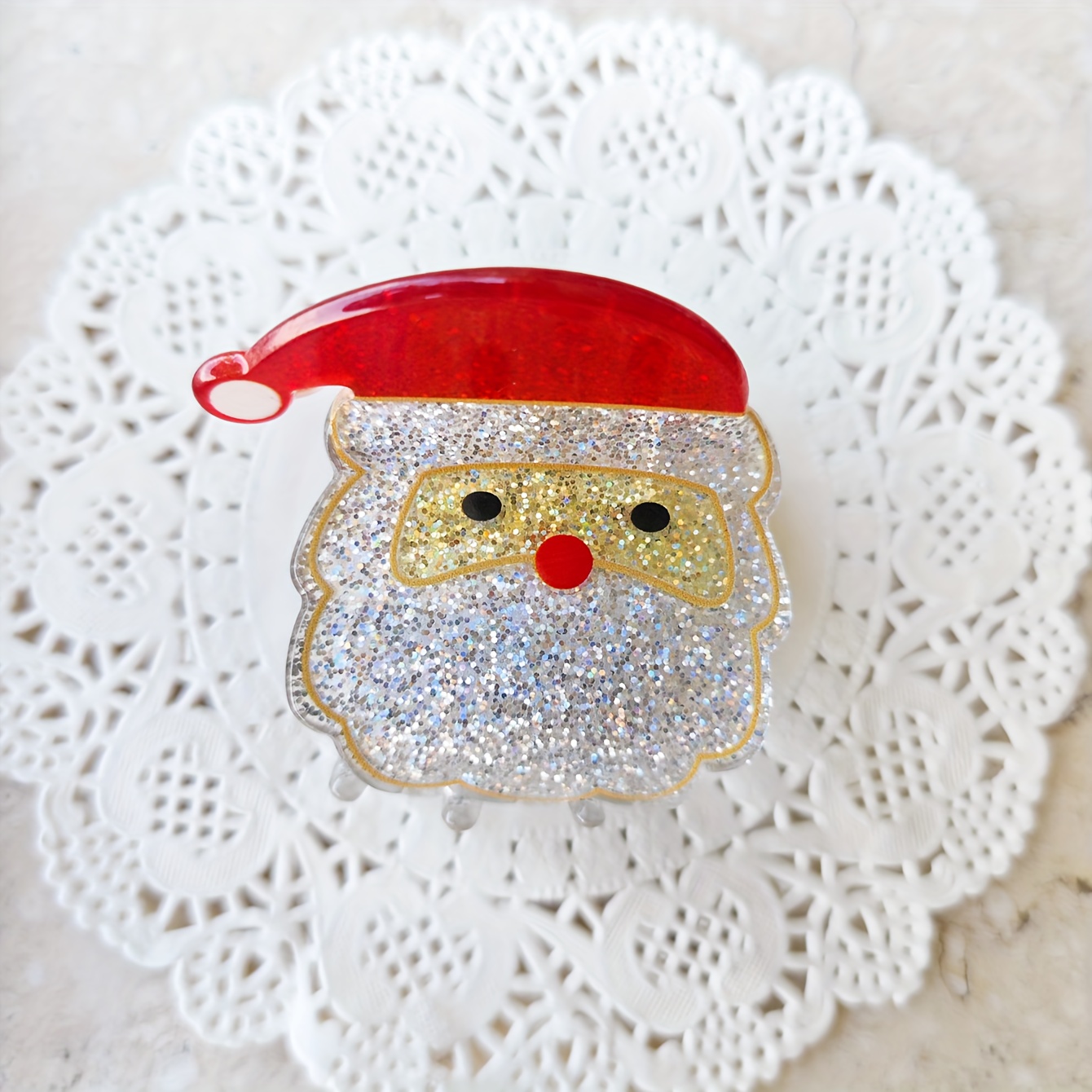 Image of Sparkling Red Santa Claus Hair Clip - Oval Acetate, Sequin Accents For Christmas & Holiday Styles