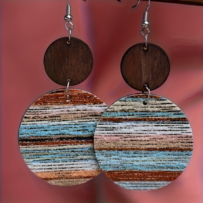 TEMU A Pair Of Stylish Bohemian Minimalist Round Drop Earrings With Colorful Line Patterns, Suitable For Women' Casual Wear And Gifting