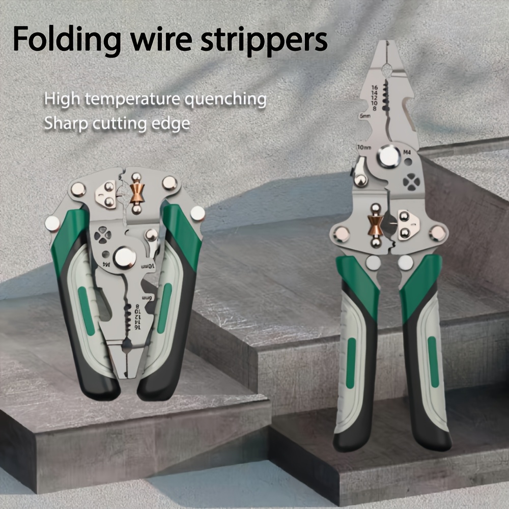 a foldable multifunctional wire stripper designed for electricians made from high carbon steel this versatile tool used for cutting crimping and stripping wires suitable for all electrical tasks factory machinery maintenance and bicycle or automotive repair details 8