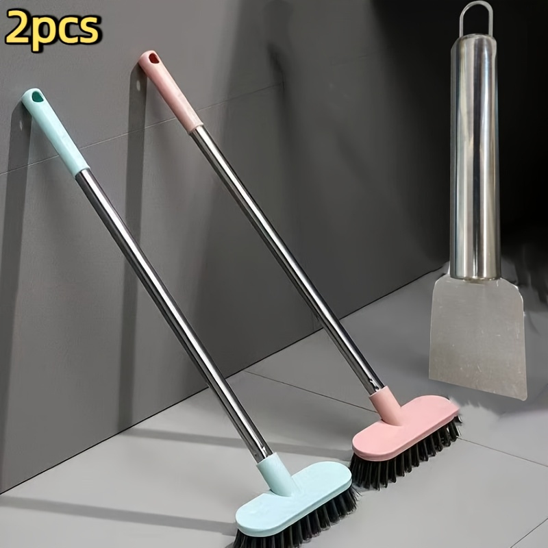 TEMU 2pcs Set Of Long-handled Hard-bristled Floor Brushes And Scrapers, Random Colors, Bathroom And Kitchen Cleaning Brushes And Toilet Brushes,