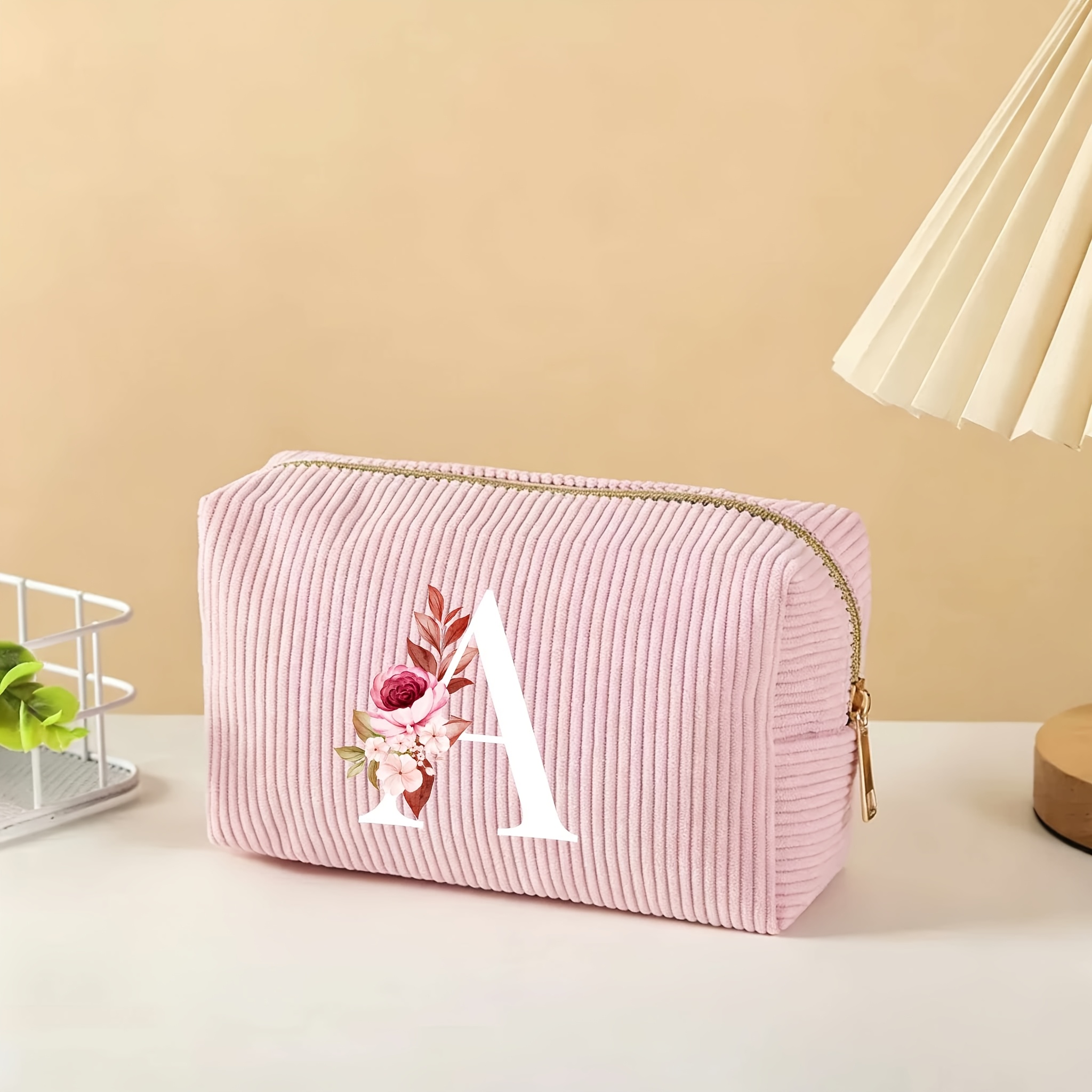 TEMU 1pc Elegant Initial Rose Print Corduroy Makeup Bag - Spacious Travel Cosmetic Organizer, Portable Foldable Design With Secure Zipper, Available: