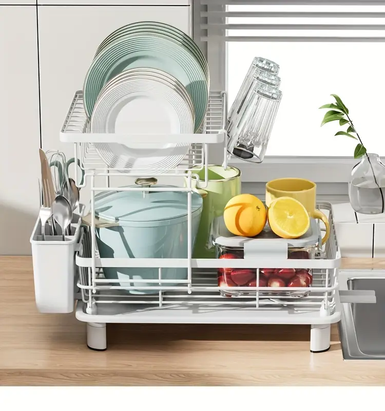 2 tier dish drying rack with drain tray and swivel drip spout multifunctional kitchen countertop storage organizer metal and plastic cup holder and cutlery holder space saving plate rack for home and apartment use 1pc Product details 11