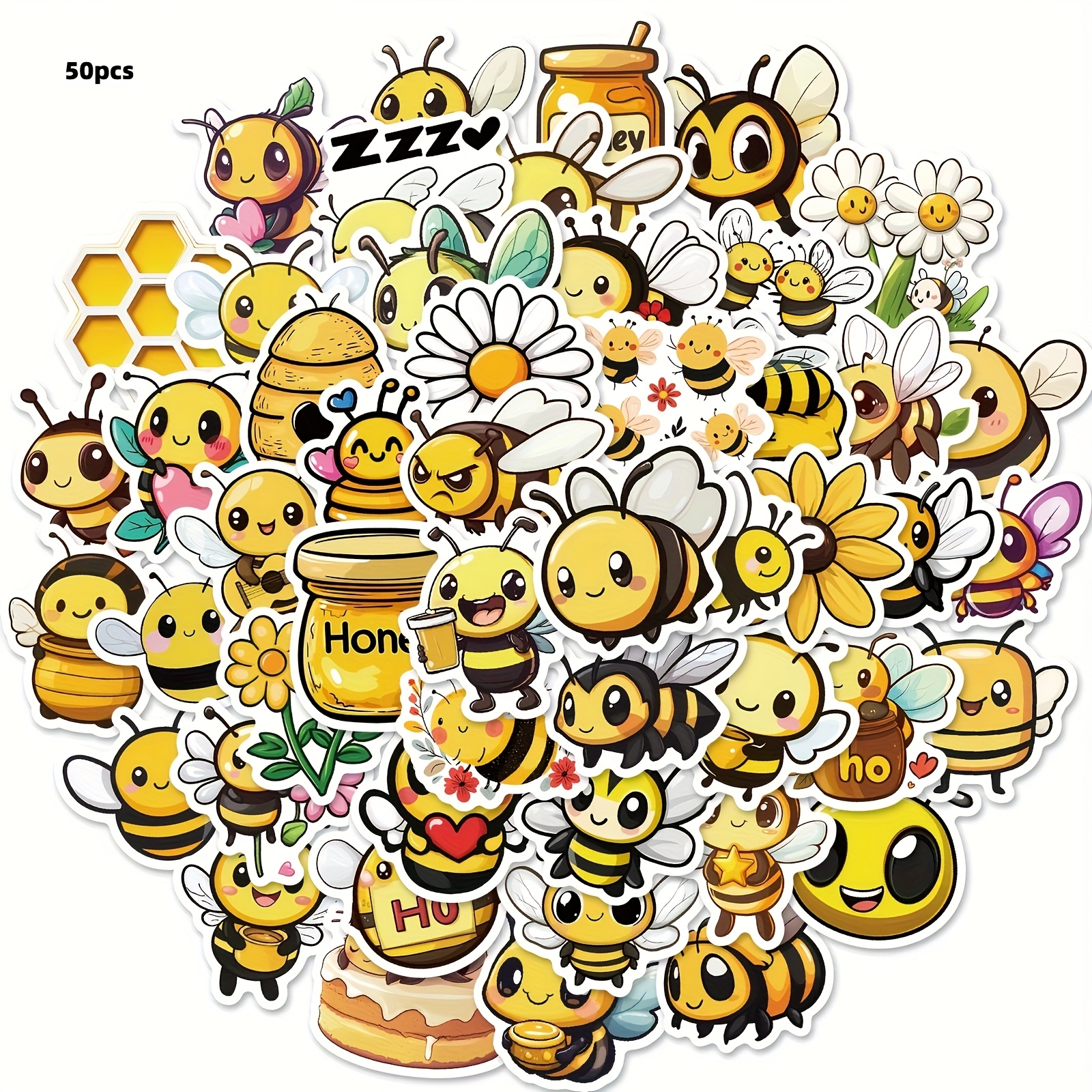 50 Cute Cartoon Bee Stickers | Self-adhesive Polypropylene Bee And Flower Designs For Cups, Notebooks, Laptops, And Refrigerator Decoration