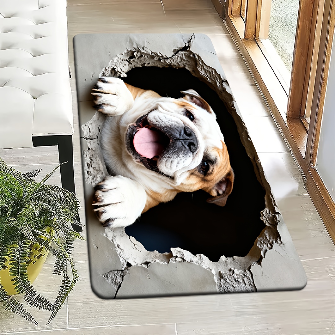 TEMU Product [flannel   1cm Thick Sponge Material] Fun Door Mat | English Bulldog Wall Print Doormat, Suitable For Multiple Scenes Like Bedroom,