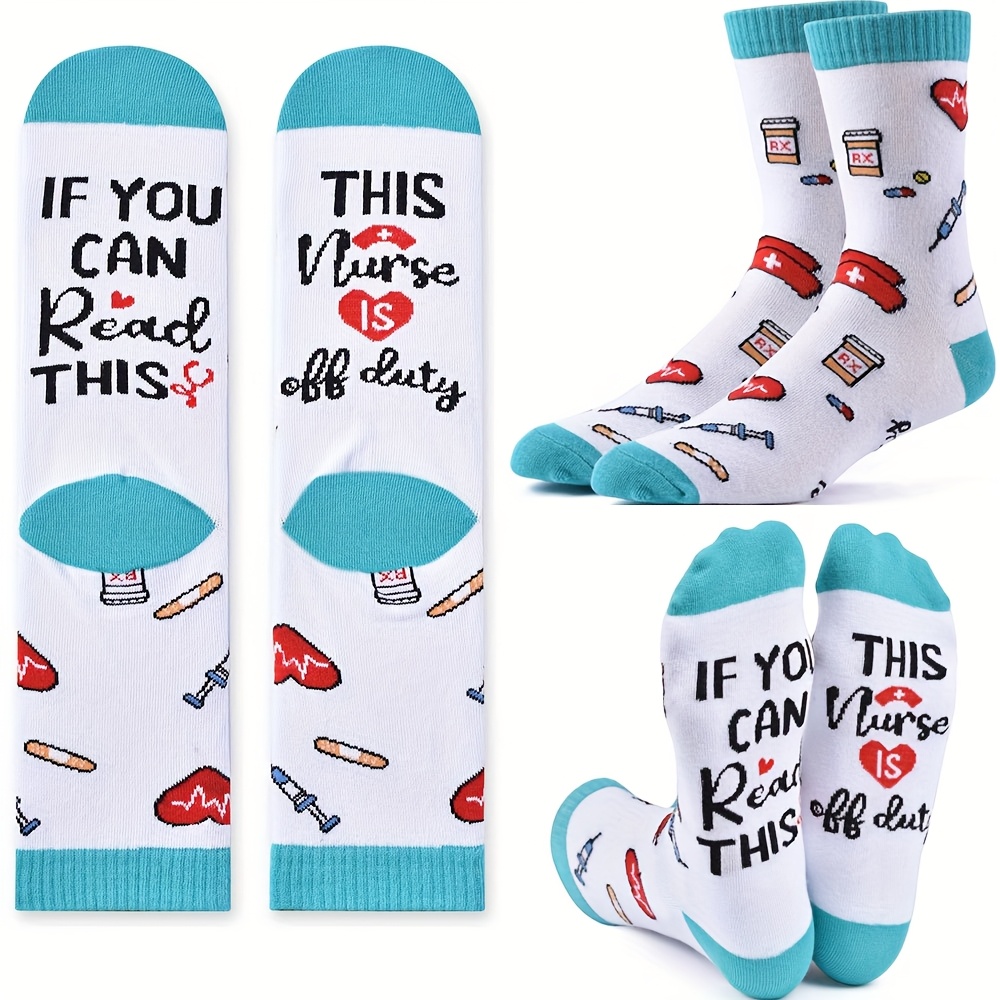Image of 1 Pair Medical-themed Nurse & Doctor Socks With Turquoise Cuff & "" Label Design - Stethoscope, Ekg, Pills Print - Funny Healthcare Worker Gift For Men, Women, - Hospital Staff Uniform