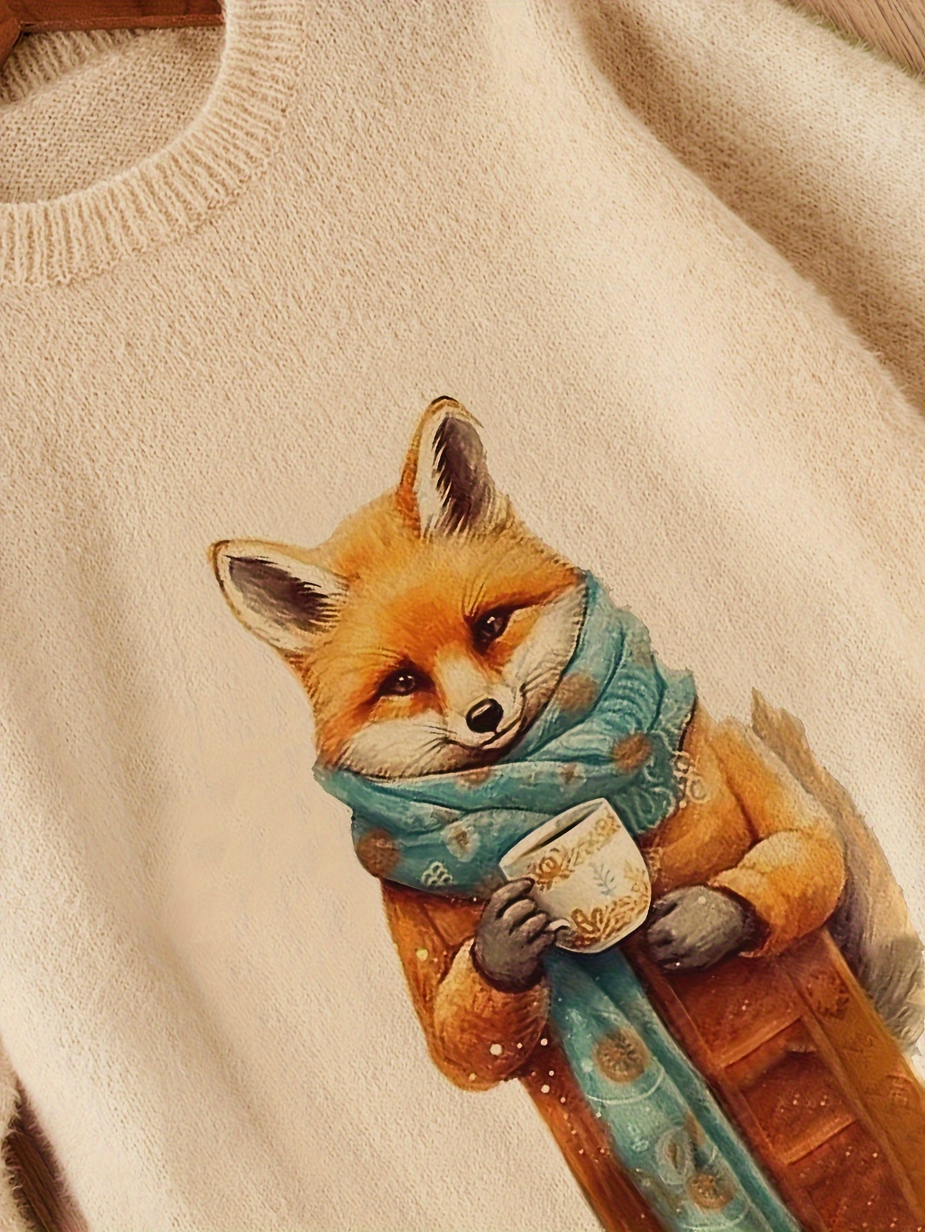 Girls' Cute Fox Cartoon Print Knit Sweater Soft Pink Long Sleeve Round  Neck Pullover for Autumn Winter with Animal Design, Hand