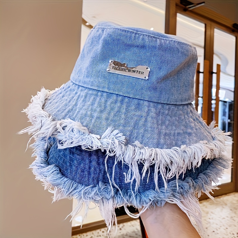 

Stylish Raw Hem Denim Bucket Hat With Letter Label - Lightweight, Versatile Fisherman Cap For Men & Women
