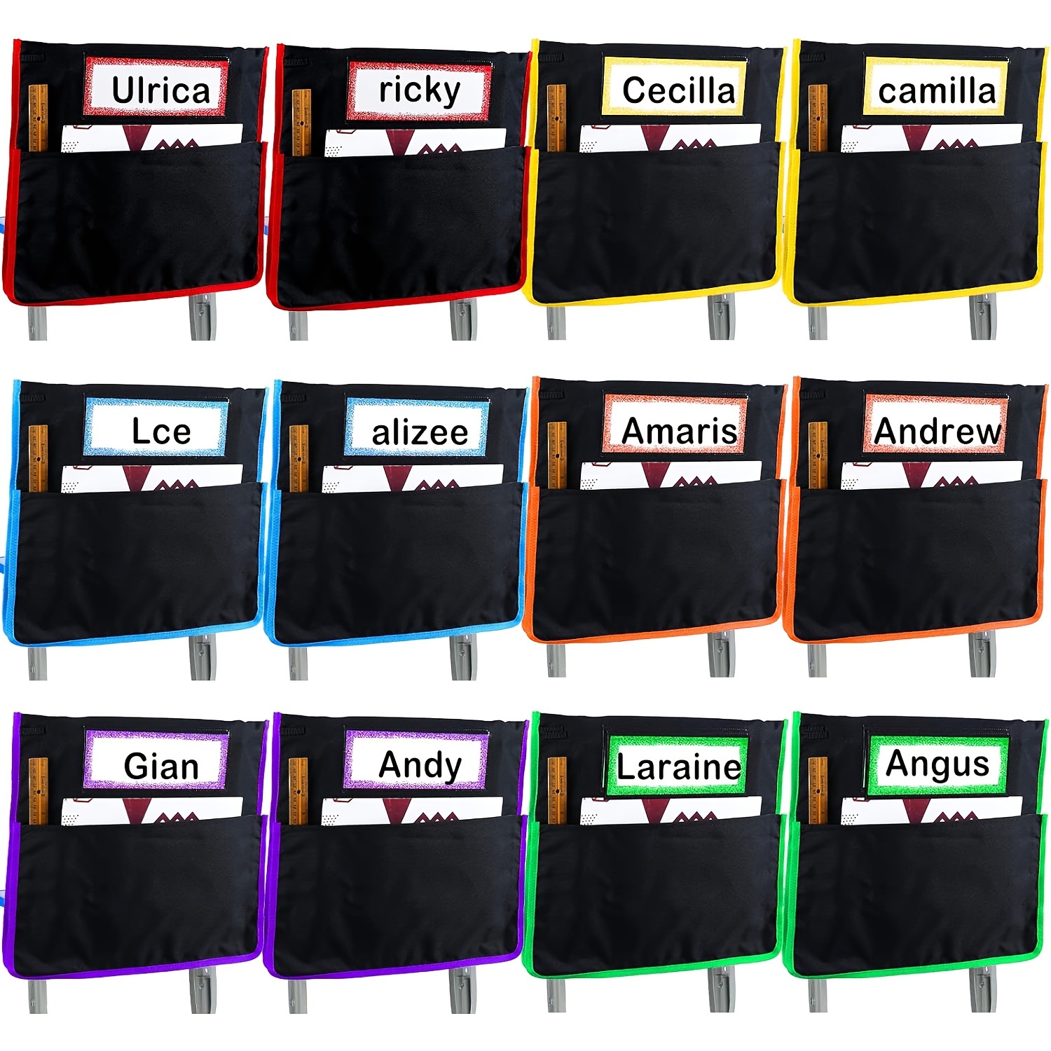 

Classroom Chair Pockets - Set Of 12, Durable Fabric Chair Back Organizer With Name Tag Holder, Independent Seat Storage For Students, Perfect For Kindergarten, School, Home - Assorted Colors
