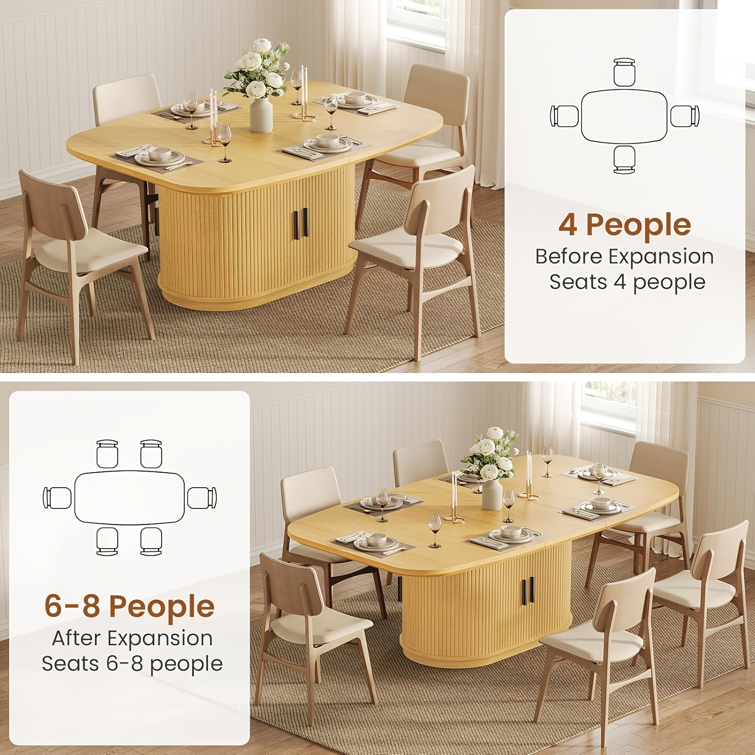 47''-63'' Extendable Dining Table Suitable for 4-8 People, Expandable Modern Fluted Kitchen Table with 2-Tier Storage Shelf, Space-Saving Folding Table for Small Apartments, Folding Mechanism & Natural Wood, Assembly Required
