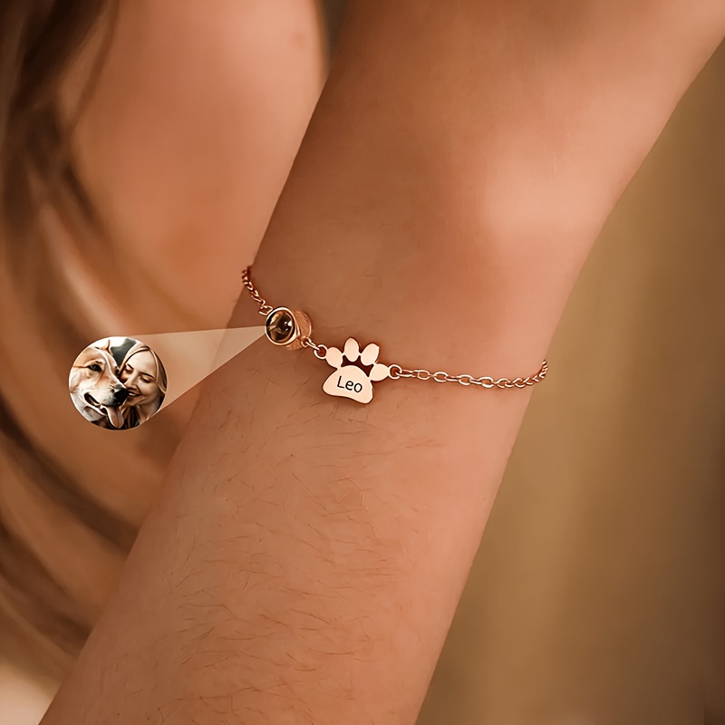 TEMU Pulsera personalizada con y foto, accesorio de acero inoxidable, colgante personalizado con de pata de perro con proyección, de recuerdo de