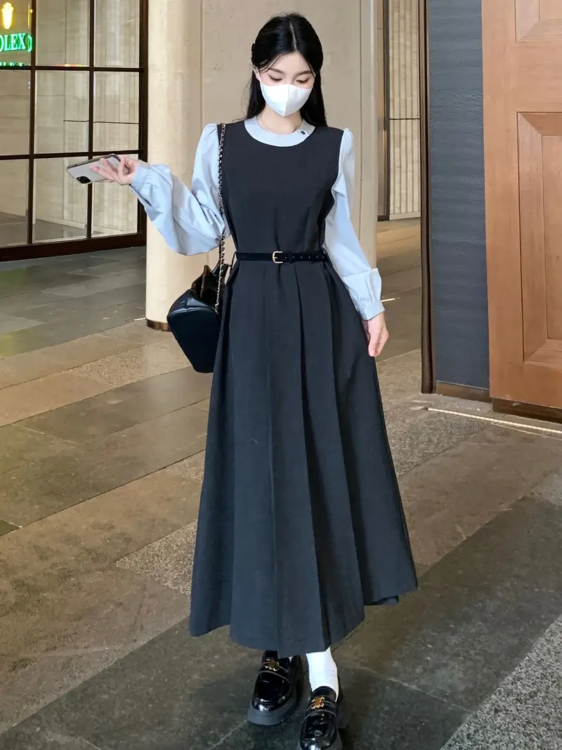 spring autumn french style 2 in 1 look long sleeve dress - Temu Qatar spring autumn french style 2 in 1 look long sleeve dress - Temu Qatar
