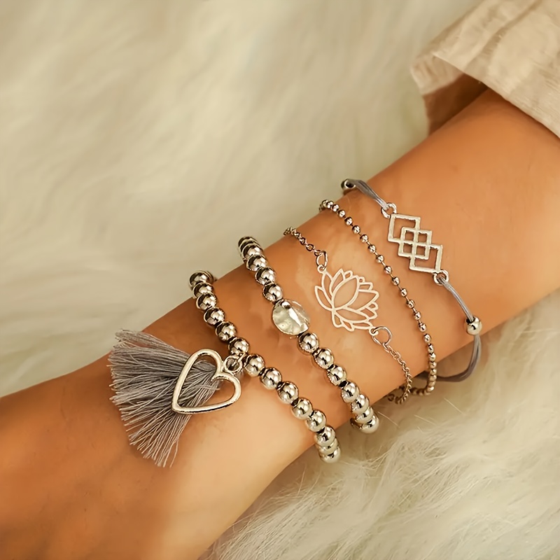 

5 Pcs Temperament Love Tassel Bracelet Set Vintage Style Elegant Stackable Hand Jewelry